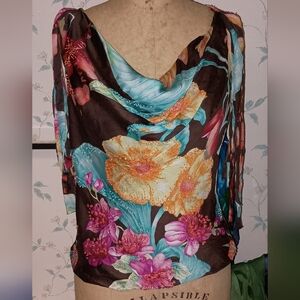 Carmen Marc Valvo Floral Size 10 Silk Beaded Top Camisole Brown Tropical